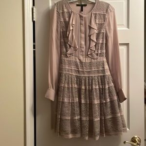 BCBGMAXAZRIA long sleeve champagne color chiffon and lace with drop waist